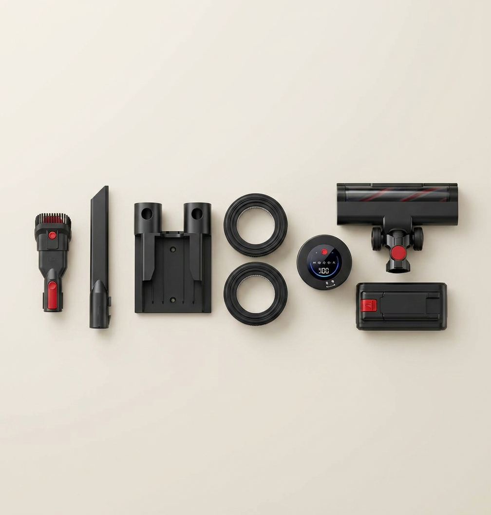 Accesorios del kit en fila: rincones, tapicería y alfombra